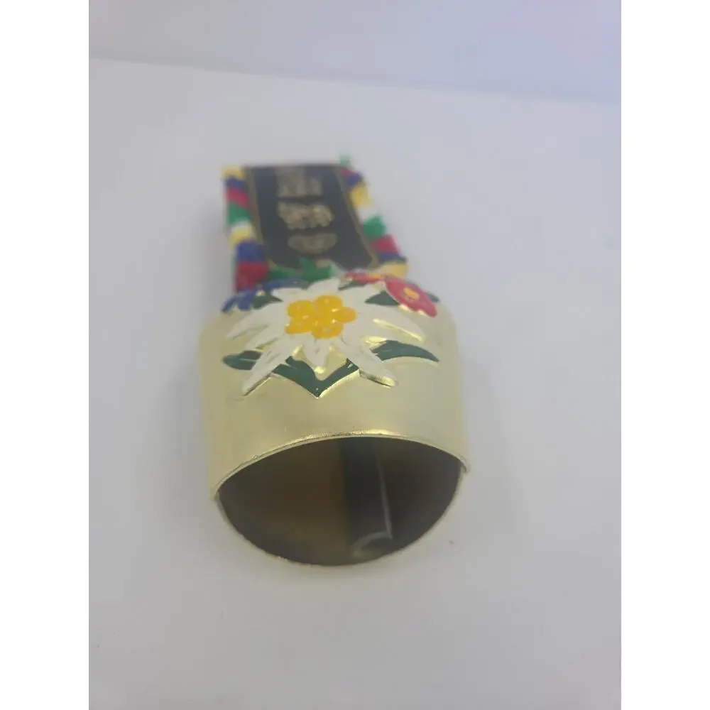 Vintage Swiss Cowbell w/ Edelweiss Floral Strap Decorative Alpine Bell